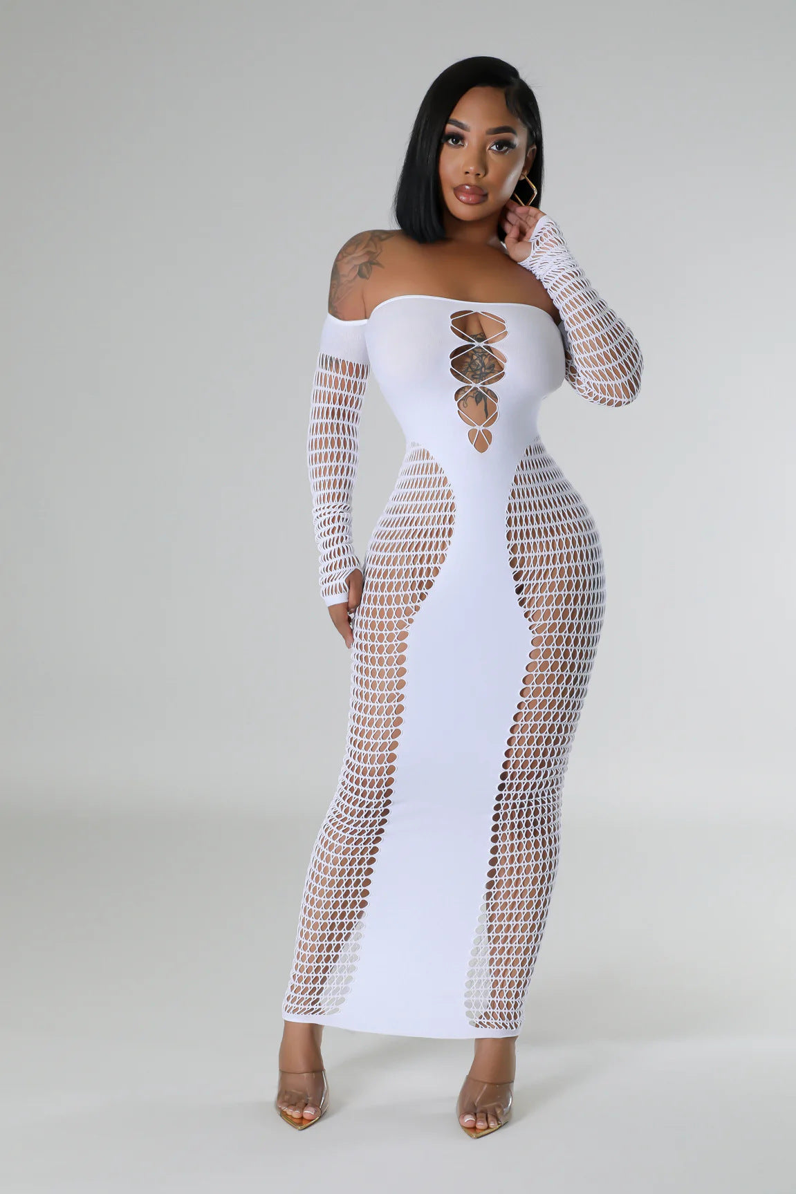 Vestido sexy transparente elástico de manga larga con hombros descubiertos