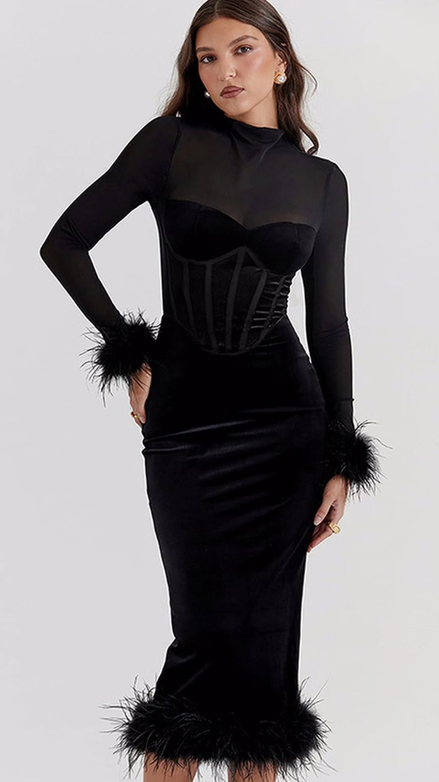 Vestido Corset Negro en Terciopelo y Malla