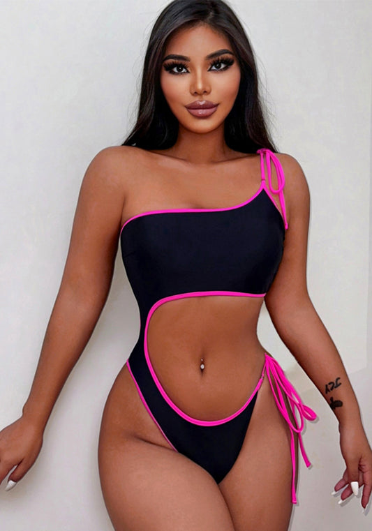 Women black sexy lace-up one-piece Swimwear