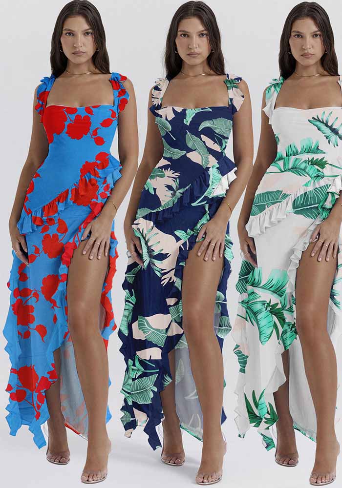 Sexy Printed Ruffle Strap Slit Long Dress