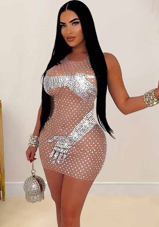 Fashion Women's Sleeveless Beaded See Through Club Dress