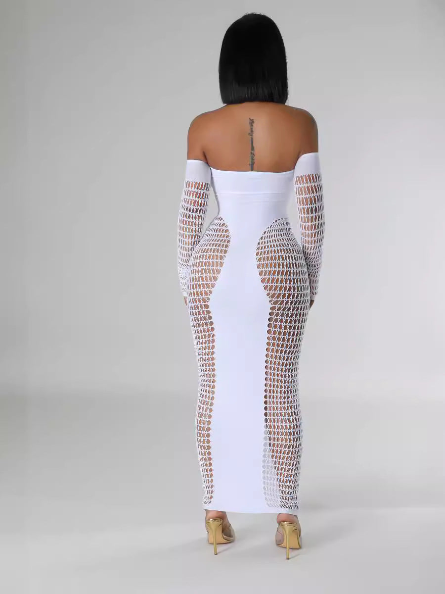 Vestido sexy transparente elástico de manga larga con hombros descubiertos