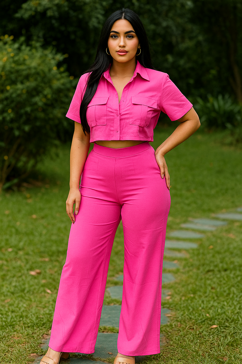 Set Coordinado Rosa de Blusa Corta y Pantalón Ancho