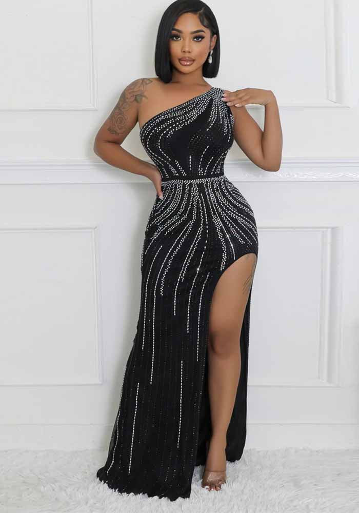 Women Sexy Slash Shoulder Beaded Slit Dress