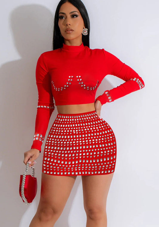 Women Long Sleeve Round Neck Top and Beaded Skirt Two-piece Set