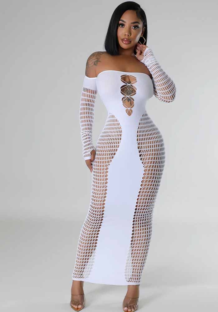 Off Shoulder Long Sleeve Stretch See Through Sexy Dress