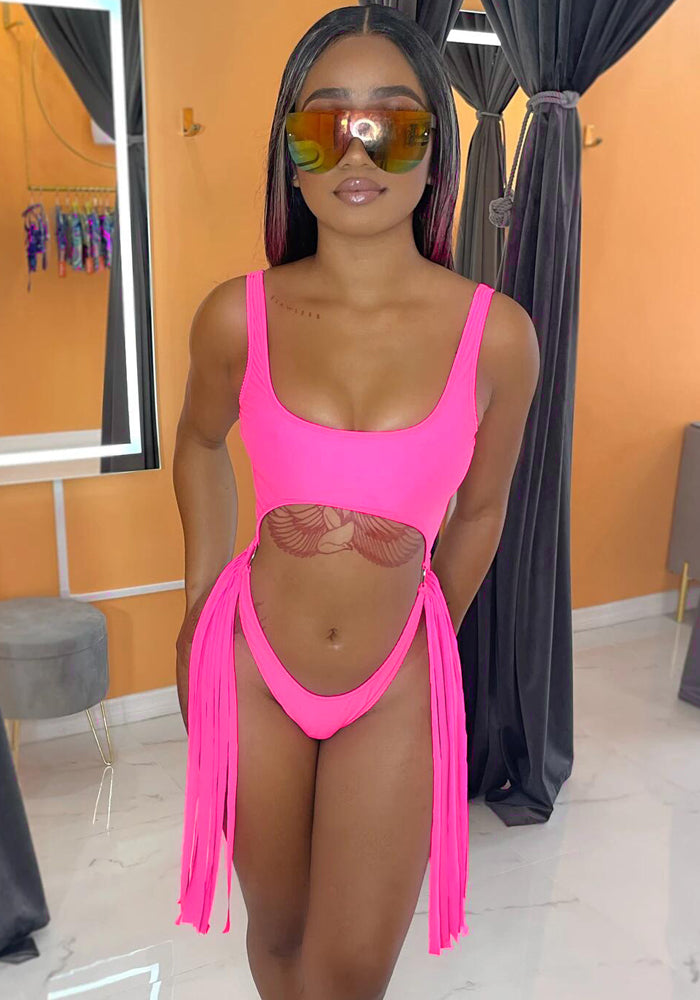 Women Pink Halter Strap Solid Fringed One Piece Swimsuit