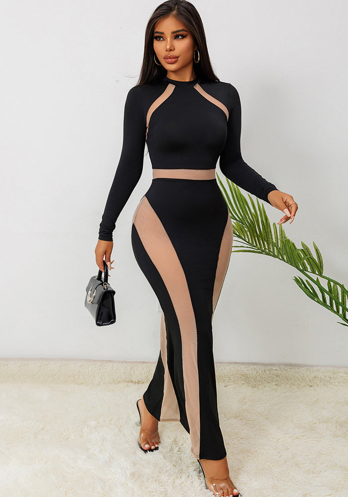 Fall Sexy See Through Mesh Patchwork Long Sleeve Slim Nightclub Long Dress