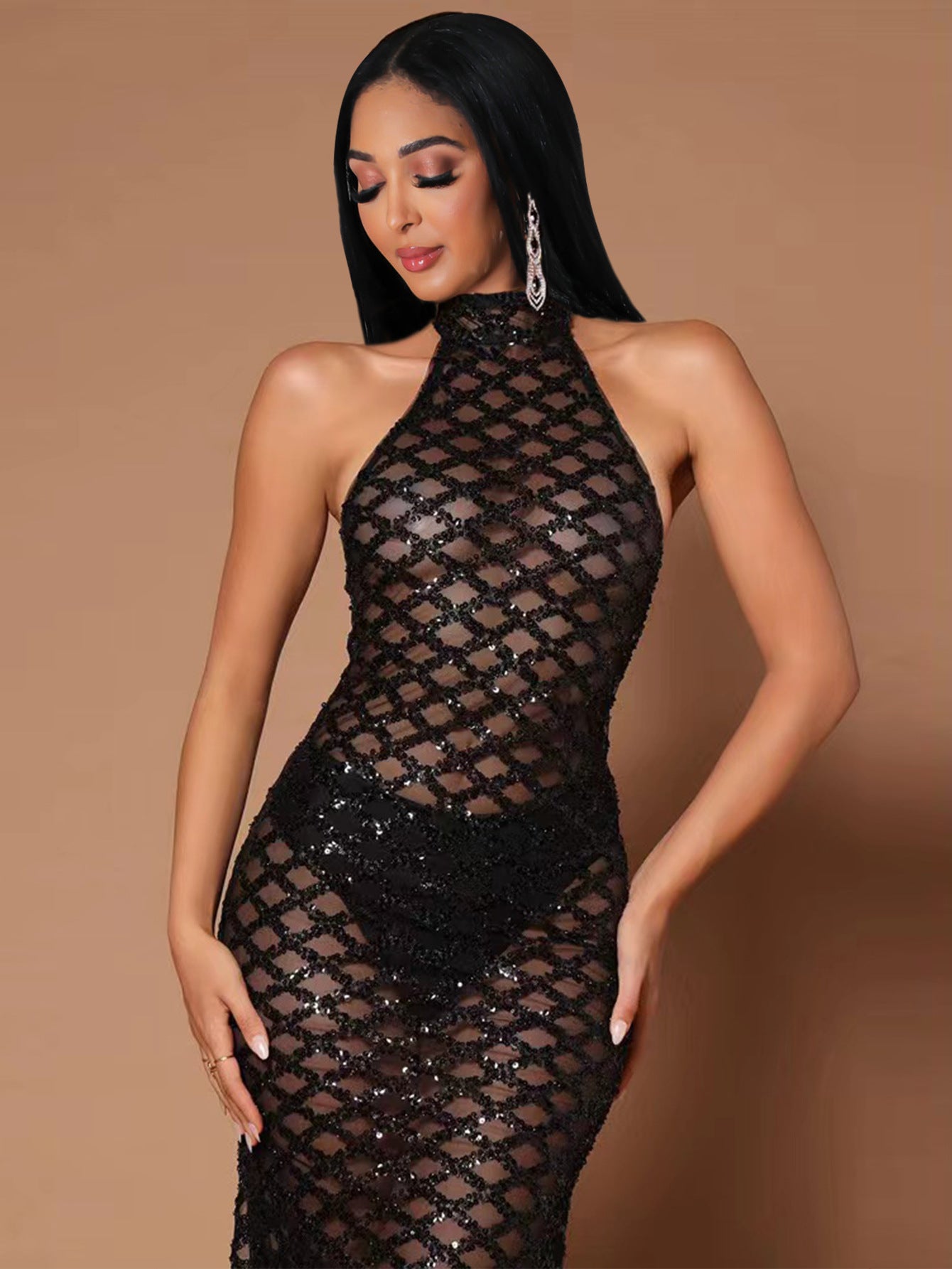 Vestido de noche sexy transparente sin espalda