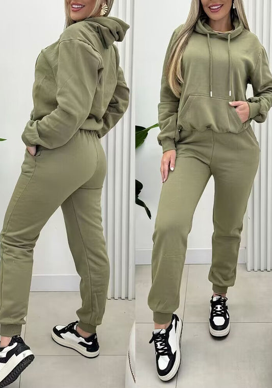 Women's Solid Color Casual Sports Hooded Two Piece Tracksuit