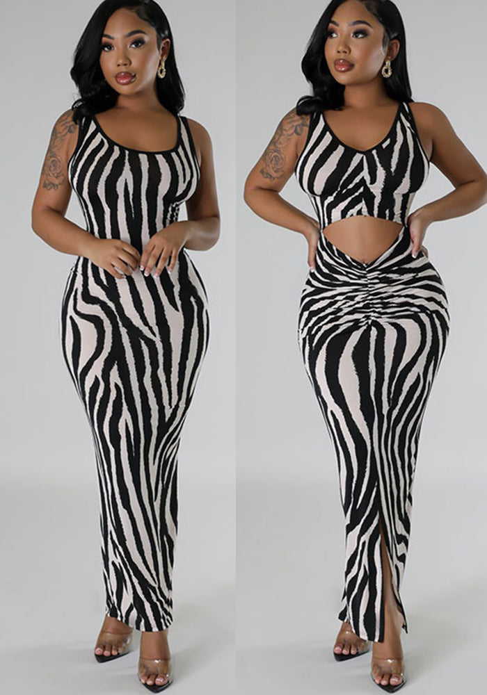 Summer Women's Zebra Print Sleeveless Hollow Long Dress