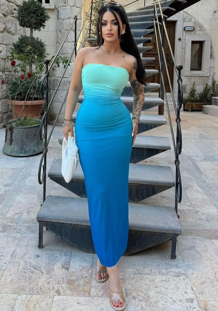 Women Summer Sexy Strapless Gradient Maxi Dress