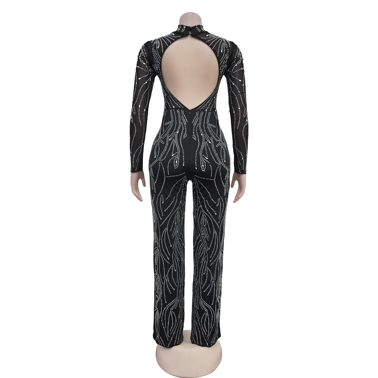 Jumpsuit de club de manga larga con cuentas y espalda baja