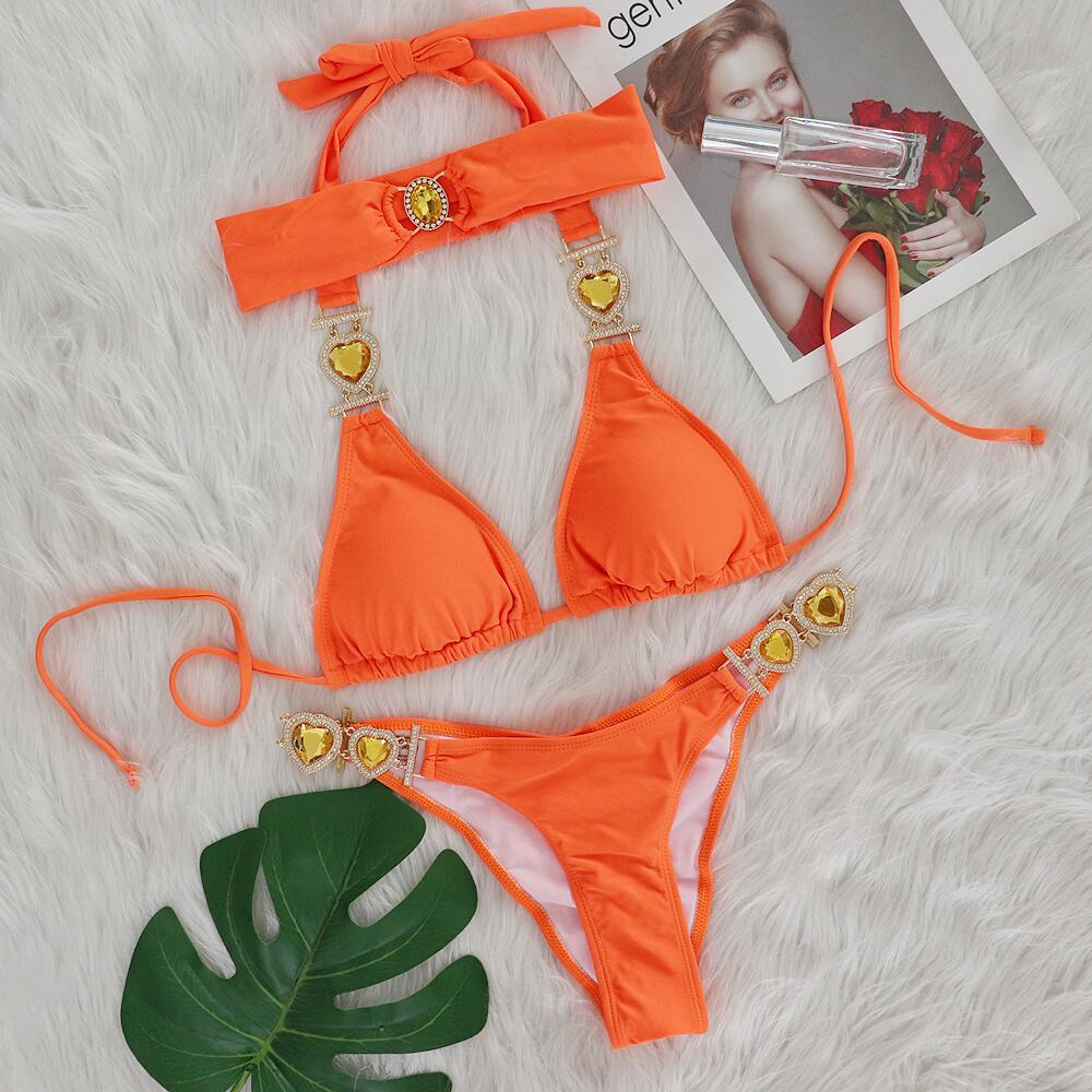 Bikini de lujo sexy con diamantes de cristal de color sólido para mujer, traje de baño de dos piezas