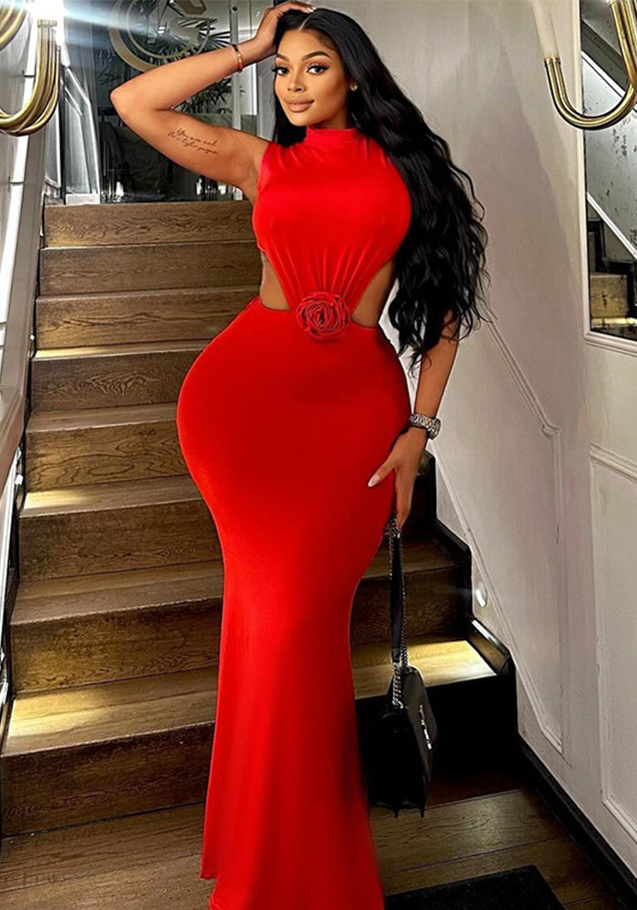 Women's fashion solid color dress sexy Round Neck sleeveless Open Waist Low Back slim long dress