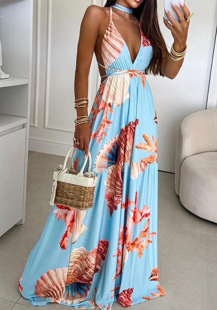 Summer Women's Halter Neck Lace-Up Print Long Dress