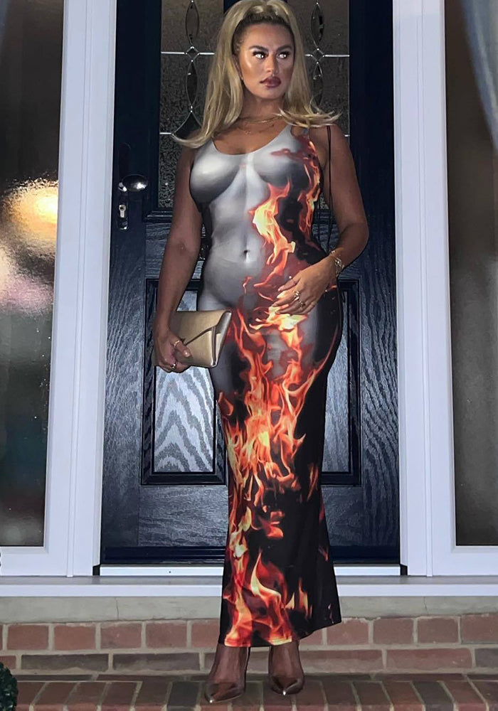 Women Sleeveless Flame Print Bodycon Dress