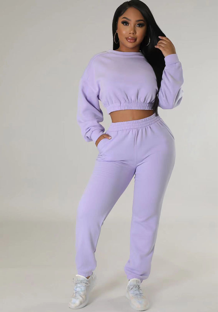 Women Casual Solid Long Sleeve Top and Pant Two-Piece Set