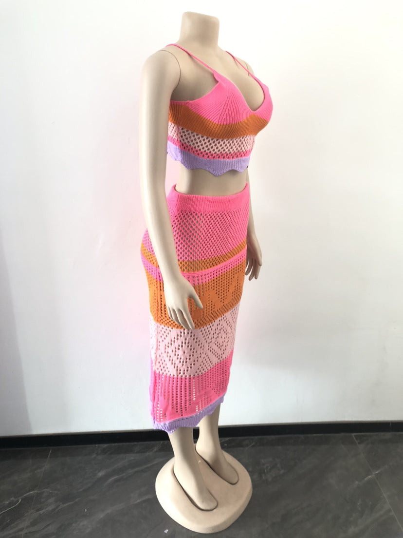 Conjunto de dos piezas de vestido de playa trenzado con bloques de color multicolor