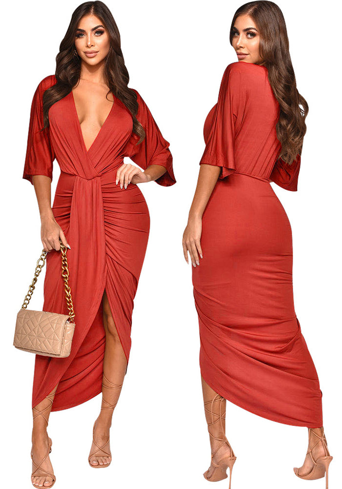 Women Sexy Solid Deep V-Neck Dress