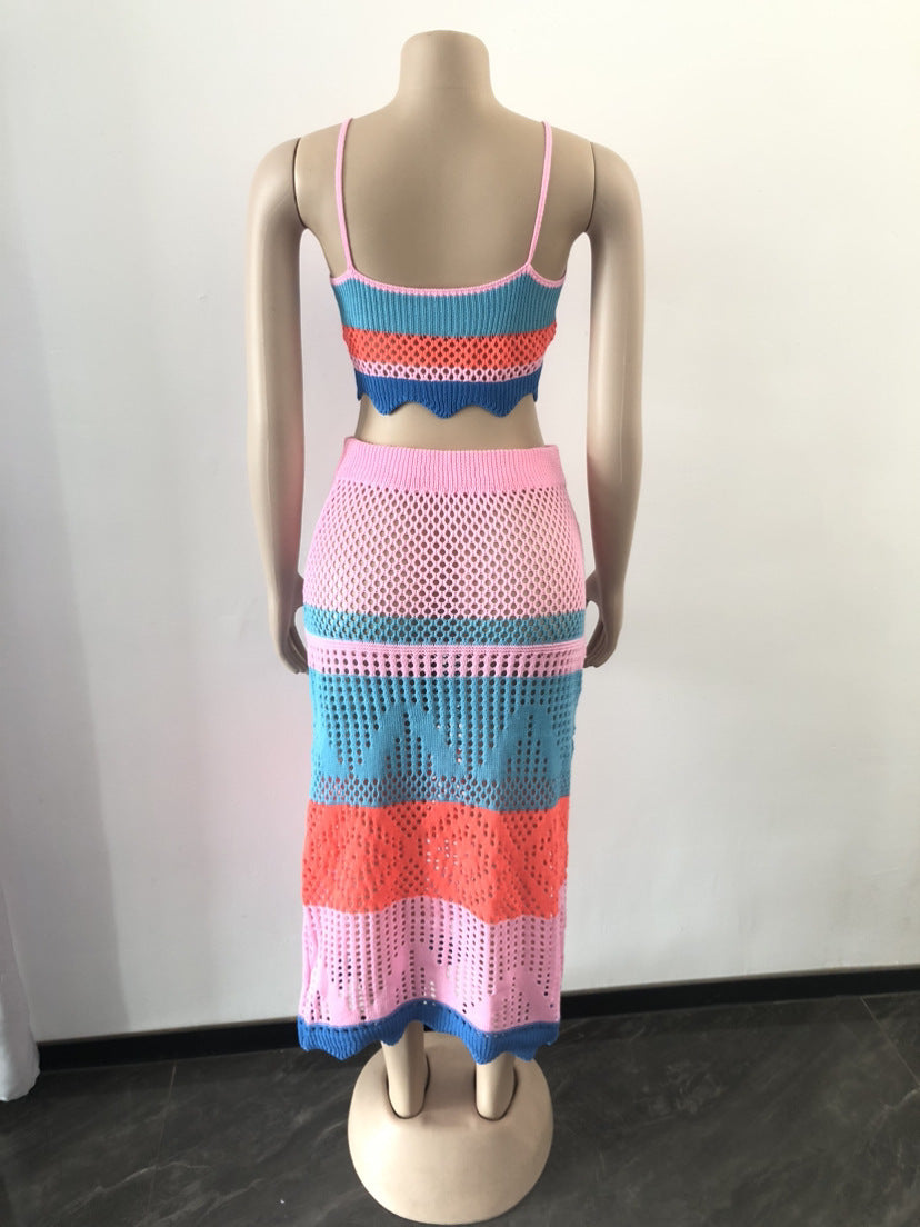 Conjunto de dos piezas de vestido de playa trenzado con bloques de color multicolor