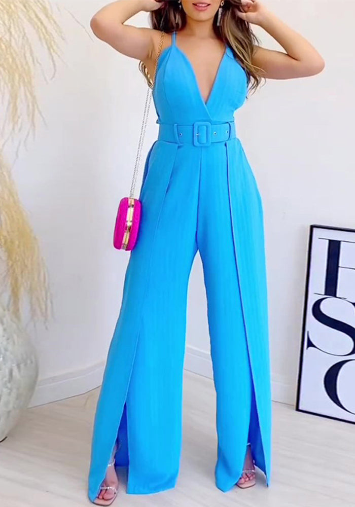 Women summer suspenders V-neck high waist slit wide-leg Jumpsuit