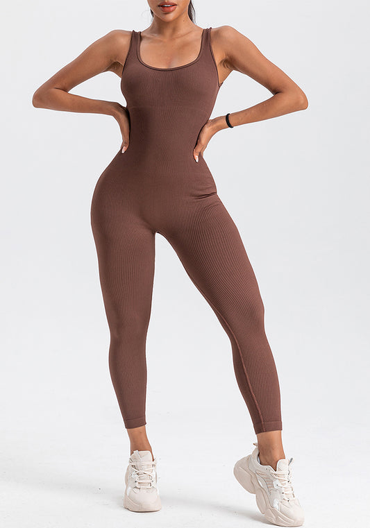 Women Seamless Yoga Ribbed Fitness Backless Jumpsuit