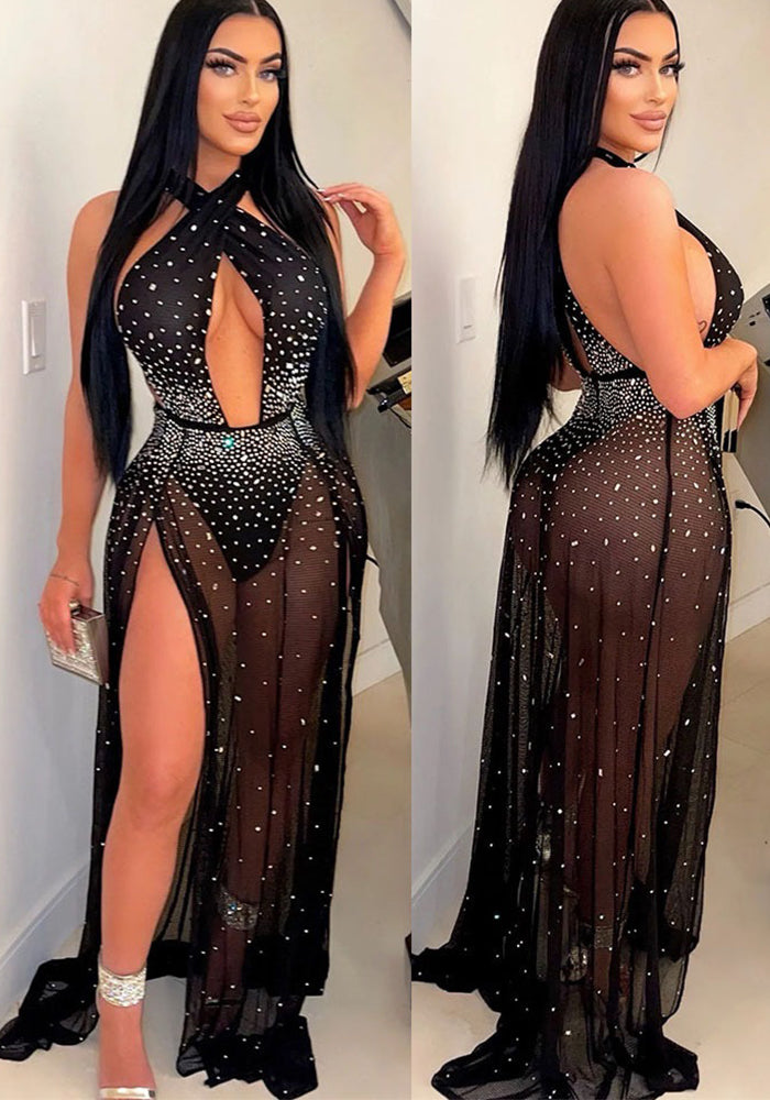 Women Halter Neck See-Through Slit Hollow Dress