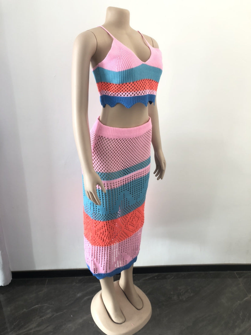 Conjunto de dos piezas de vestido de playa trenzado con bloques de color multicolor