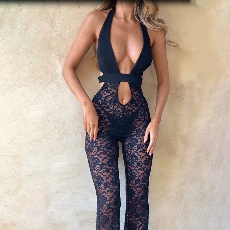 Jumpsuit sexy con corte de acampanado de encaje transparente con escote halter