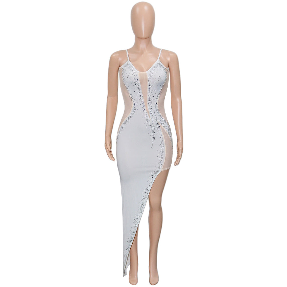 Women Sexy Beaded Sleeveless Mesh See-Through Maxi Dress