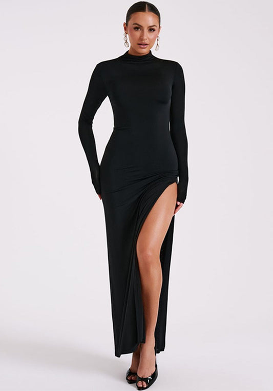 Women Long Sleeve High Neck Sexy Backless Slit Dress