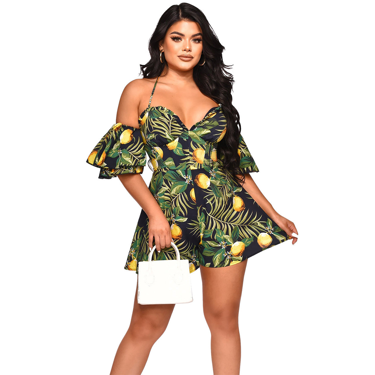 Jumpsuit sexy con volantes florales tropicales