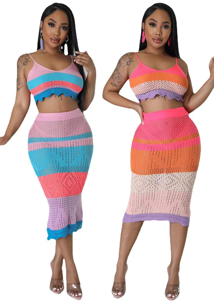 Women's Clothing Fashionable Multi-Color Colorblock Braided Beach Dress Two-Piece Set