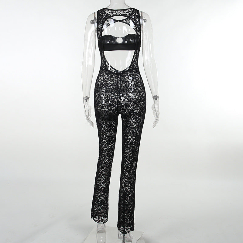 Jumpsuit transparente con estampado hueco de encaje sexy