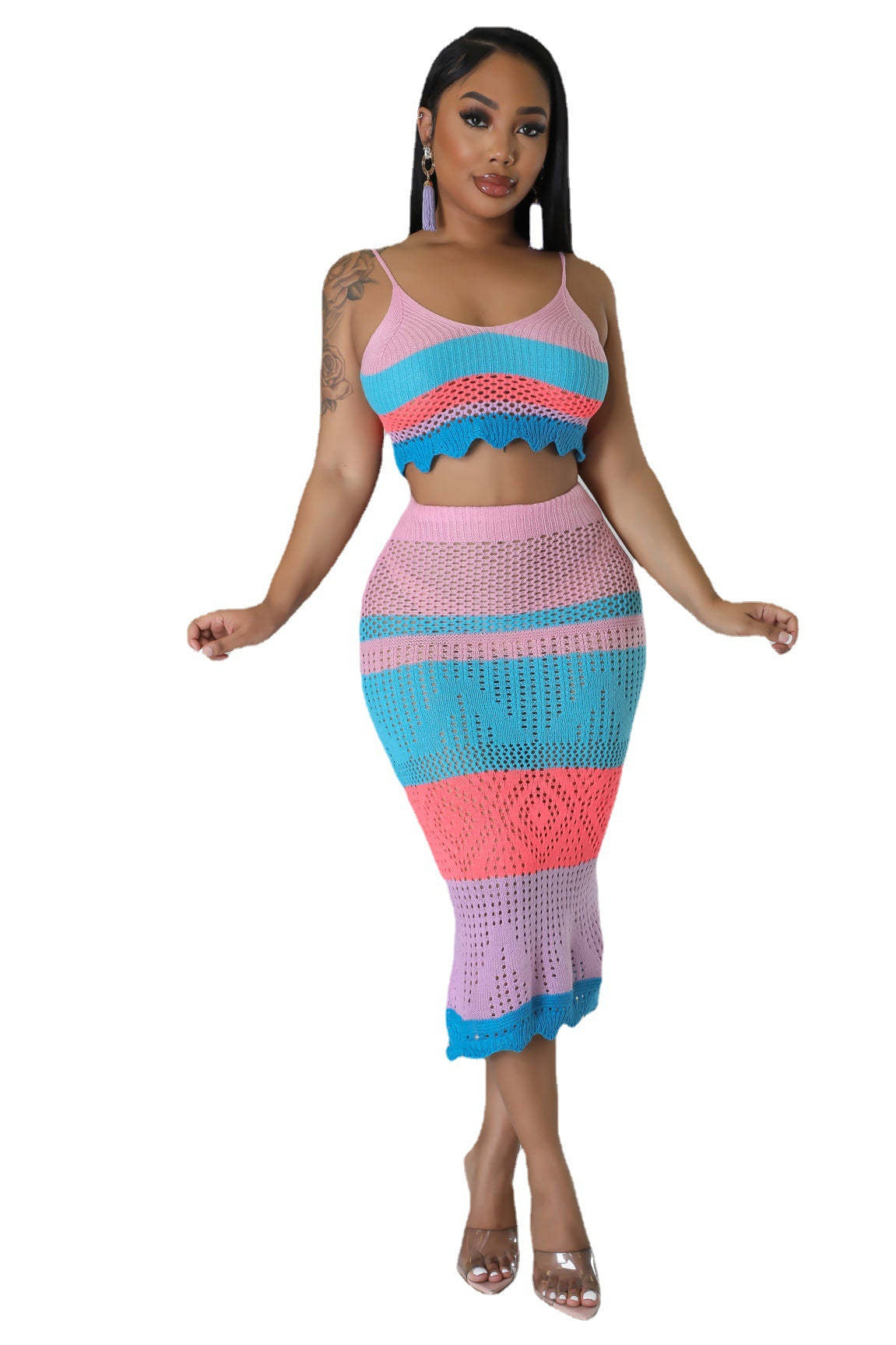 Conjunto de dos piezas de vestido de playa trenzado con bloques de color multicolor