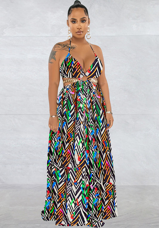 Fashion Ladies Printed Chain Sleeveless Sling Maxi Dress