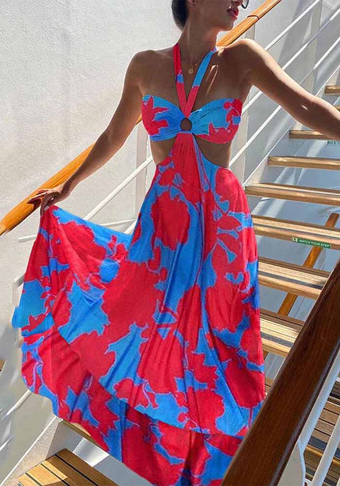 Summer Print V Neck Sleeveless Halter Boho Dress