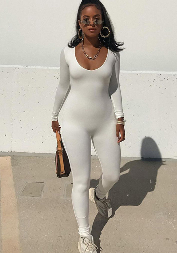 Women's Summer Fashion Long Sleeve Slim Solid Color Jumpsuit