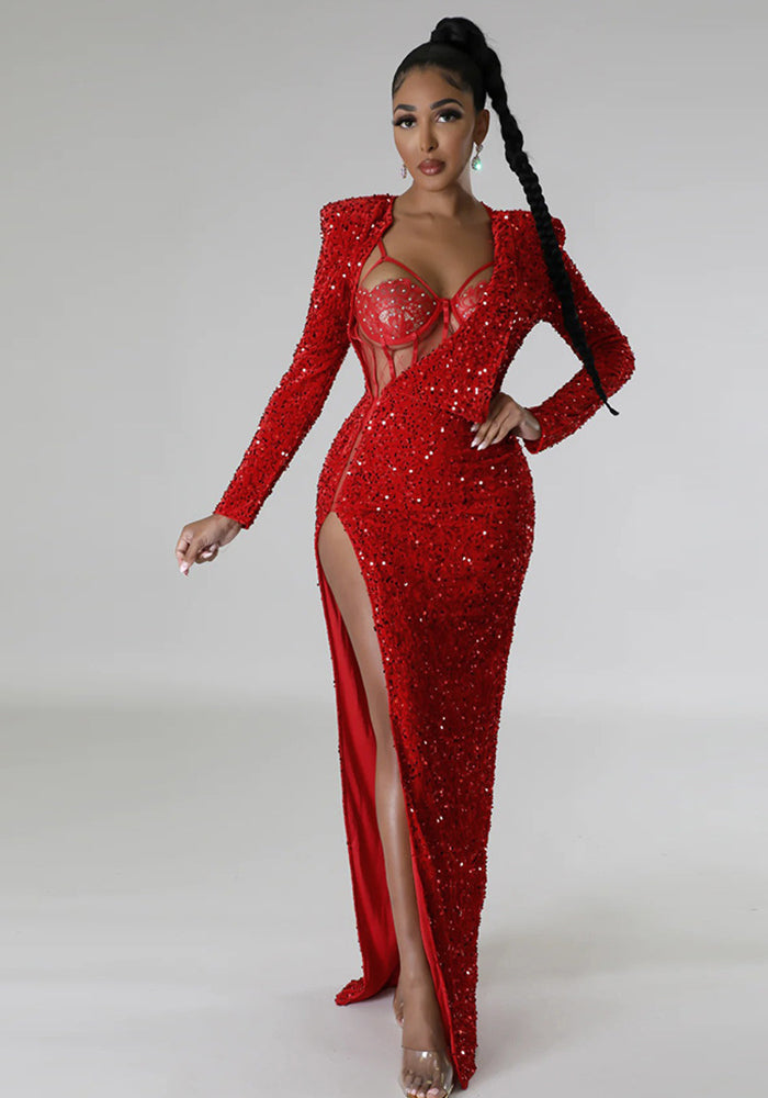 Women Solid Sequin Sexy Bodysuit and Slit Dress Two-piece Set