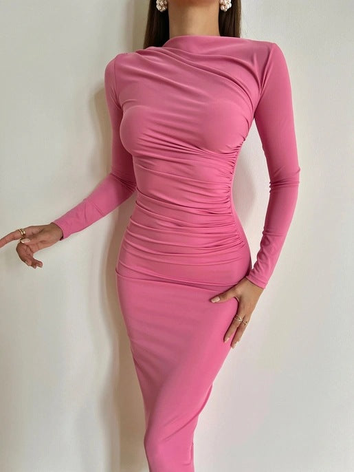 Vestido sexy con hombros descubiertos y manga larga con cremallera