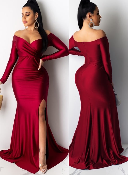 Red Sexy Sweetheart Long Sleeve Slit Mermaid Evening Dress