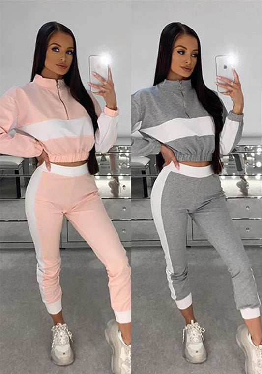 Autumn And Winter Long-Sleeved Fashion Casual Color Matching Two Piece Pants Set