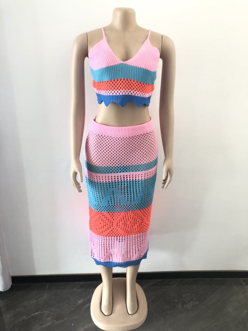 Conjunto de dos piezas de vestido de playa trenzado con bloques de color multicolor