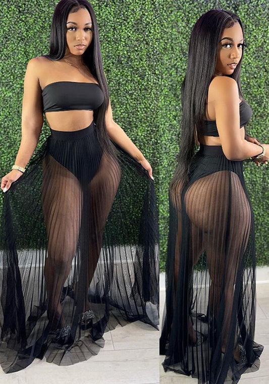 Fashion Women's Clothing strapless crop top Mesh Skirt Three-Piece Nightclub set