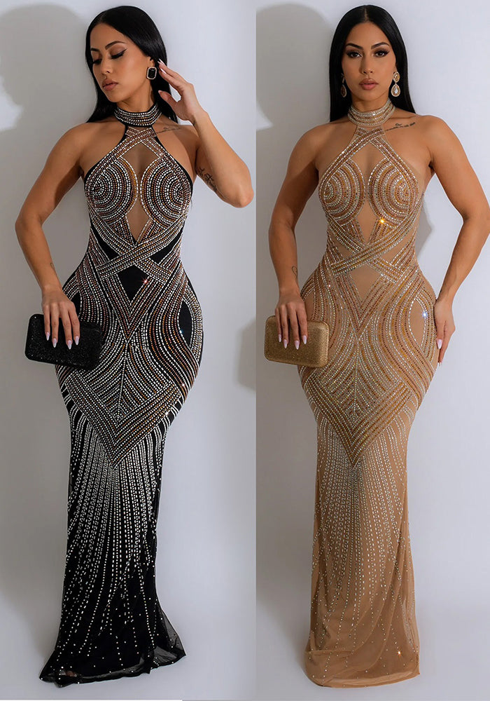 Women Solid mesh Beaded Halter Neck Long Dress