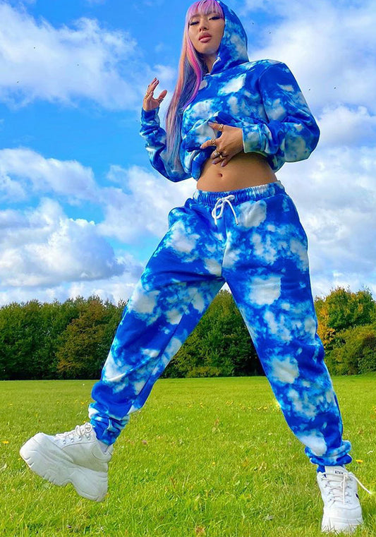 Women Casual tie-dye print Hoodies and Pant two-piece set