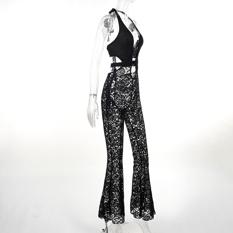 Jumpsuit sexy con corte de acampanado de encaje transparente con escote halter