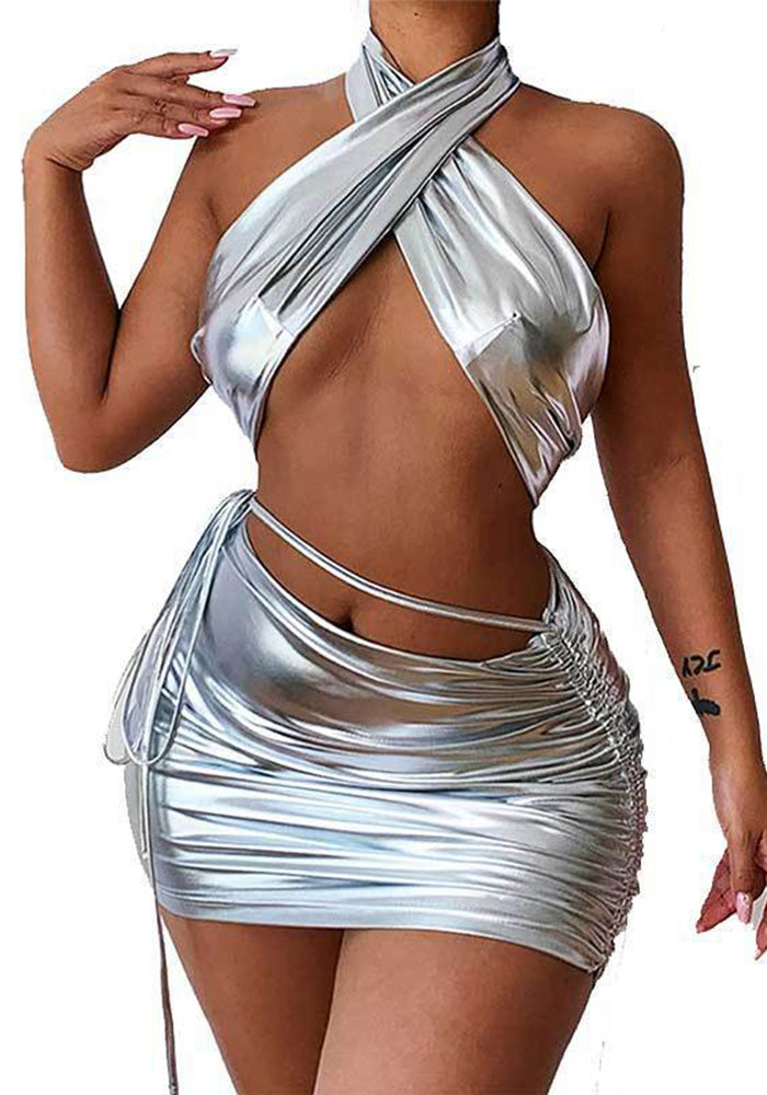 Solid Halter Neck Crossover Two Pieces Bikini Skirt Three-Piece Swimsuit