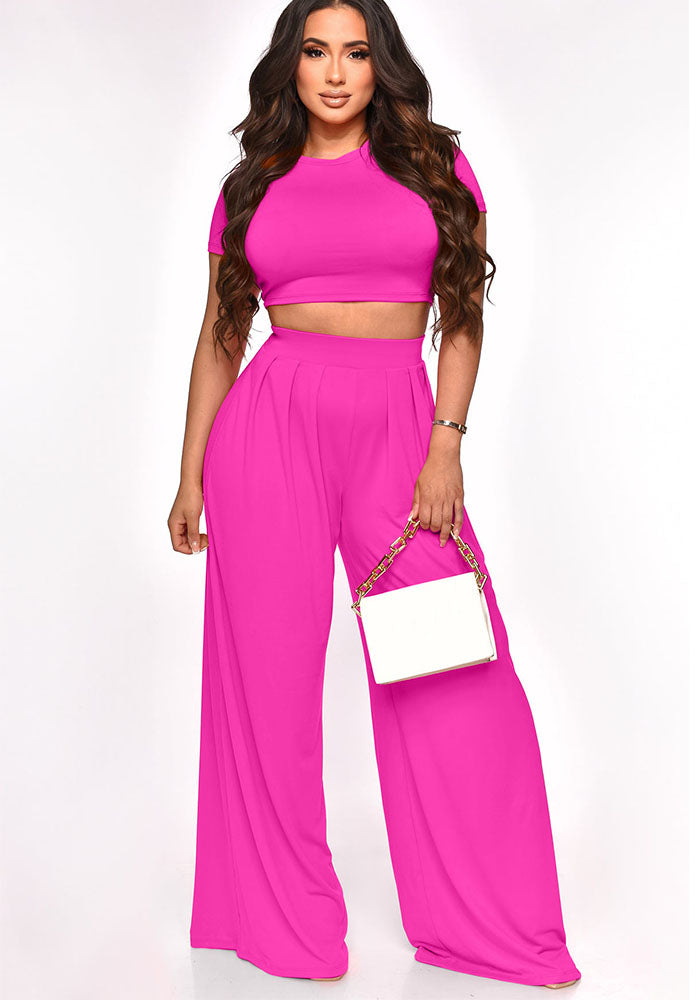 Women Crop Top and Solid Wide Leg Pants Two-Piece Set